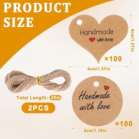 200pcs Handmade Gift Tags Heart-Shaped and Round Mini Gift Paper Tags with 66 ft String Brown Gifts Labels with Natural Jute Twin Natural Jute Twin Home Made Crafts Wedding Favors Birthday Party Gifts in Kuwait