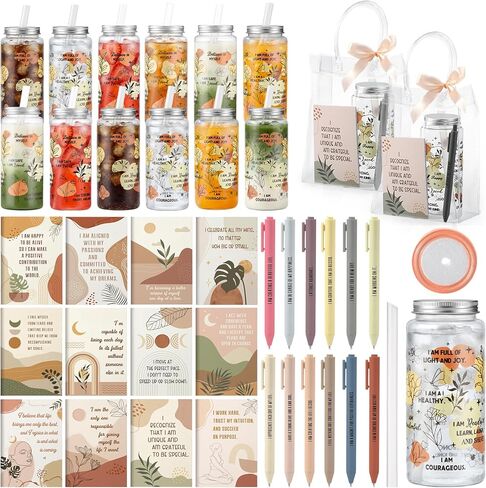 Kosiz 36 Pcs Boho Positive Affirmation Gift Set for Women, 12 Gratitude Notebooks 12 Plastic Cups with Lids Straws 12 Gift Bags, End of Year Thank You Gifts for Teachers Nurses Employee Coworker in Kuwait
