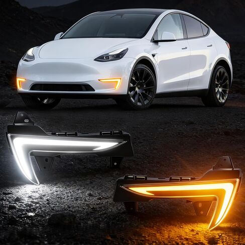 Daikokuya مصابيح LED أمامية نهارية باللون الأبيض والأصفر DRL مناسبة لـ 2021-2023 Tesla Model Y ترقية وتعديل زوج واحد من إشارات الانعطاف مجموعة مصابيح الضباب لمصباح التشغيل in Kuwait