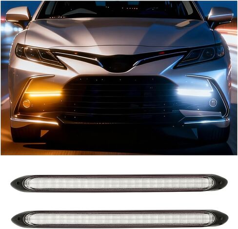 قطعتان من شرائط إضاءة LED للسيارة، مصابيح مرنة مقاومة للماء مقاس 9 بوصات للجري أثناء النهار، ملحقات مصباح إشارة الانعطاف المتدفقة للمصابيح الأمامية للسيارات، ملاءمة عالمية (أبيض/أصفر) in Kuwait