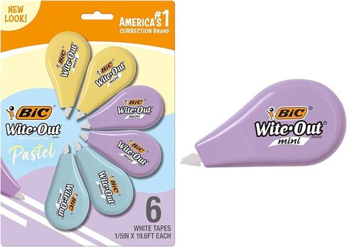 شريط تصحيح صغير من العلامة التجارية Wite-Out من BIC، بطول 19.6 قدم، حزمة مكونة من 6 قطع من شريط التصحيح الأبيض، جسم باستيل، شريط سريع ونظيف وسهل الاستخدام ومقاوم للتمزق in Kuwait