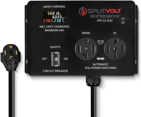 Splitvolt NEMA 14-30, 240V, 24 Amp Splitter Switch - Save Thousands on Home Electric Vehicle Charging EV Install, cETLus Certified, Auto Power Switching Between Dryer and EV or Two EVs, Plug and Play in Kuwait