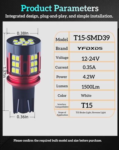 لمبة LED T15 921 912، 6000K بيضاء فائقة السطوع احتياطية عكسية، مصابيح بديلة W16W LED لشاحنة السيارات الدفع الرباعي، سهلة التوصيل والتشغيل، حزمة من 2 in Kuwait