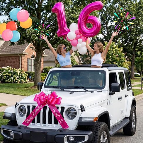ACOCO 30" Big Bow for Car with 40" Number 16 Balloons, Giant Rose Red Car Bow Gift Decoration for Sweet 16th Birthday, Includes Suction Cups for Safe Mounting in Kuwait