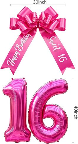 ACOCO 30" Big Bow for Car with 40" Number 16 Balloons, Giant Rose Red Car Bow Gift Decoration for Sweet 16th Birthday, Includes Suction Cups for Safe Mounting in Kuwait