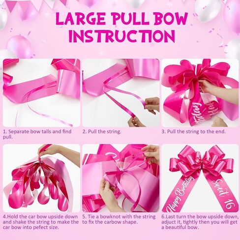 ACOCO 30" Big Bow for Car with 40" Number 16 Balloons, Giant Rose Red Car Bow Gift Decoration for Sweet 16th Birthday, Includes Suction Cups for Safe Mounting in Kuwait