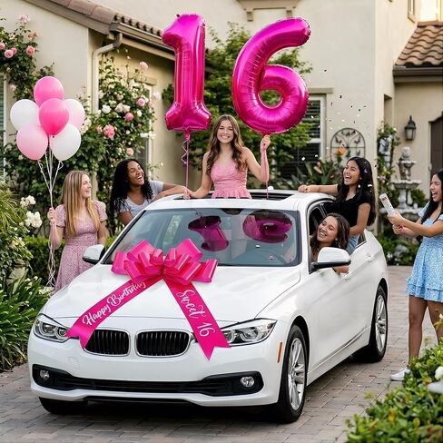 ACOCO 30" Big Bow for Car with 40" Number 16 Balloons, Giant Rose Red Car Bow Gift Decoration for Sweet 16th Birthday, Includes Suction Cups for Safe Mounting in Kuwait