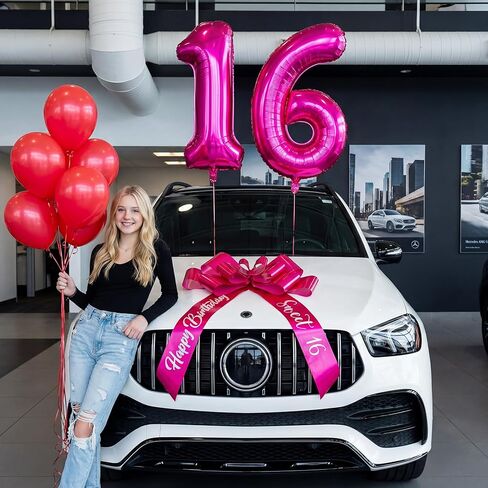 ACOCO 30" Big Bow for Car with 40" Number 16 Balloons, Giant Rose Red Car Bow Gift Decoration for Sweet 16th Birthday, Includes Suction Cups for Safe Mounting in Kuwait