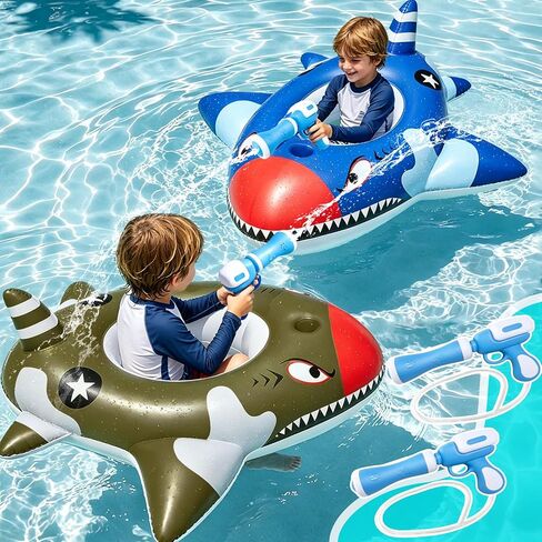 [ 2 Water Squirt Guns ] 2 Pack Shark Pool Floats for Kids 3-11 Years, Battle Swimming Pool Toys for Boys Girls Inflatable Ride-on Toddler Pool Floats with Safety Seat Summer Outdoor Water Games Party in Kuwait