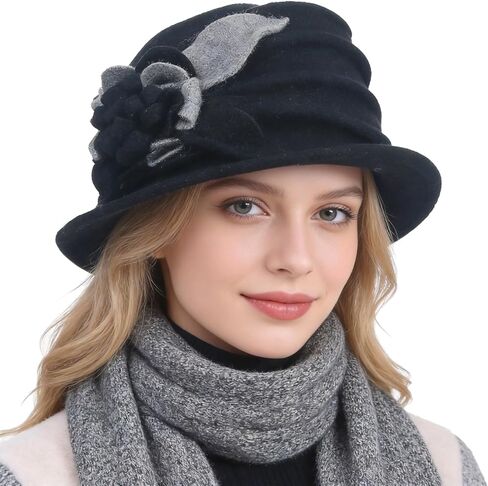 Women 1920s 100% Wool Vintage Cloche Bucket Winter Hat with Bow Knot and Flower in Saudi Arabia