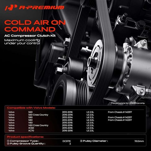 A-Premium Air Conditioner AC Compressor Clutch Kit Compatible with Volvo XC60 2015-2016, S60 2012-2016, XC70 2016, S80 2012-2015, V60 2015-2016, S60 Cross Country 2016, V60 Cross Country 2015-2016 in Kuwait