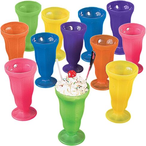 Fun Express Bright Neon Milkshake Cups & Sundae Glasses Set - 12 Vintage Plastic Soda Shop Style Ice Cream Float Cups | Perfect for Root Beer Floats, Parties & Ice Cream Parlor Decorations in Kuwait