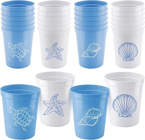 Hushee 24pcs Coastal Plastic Cup Bulk 16oz Ocean Theme Party Decoration Beach Starfish Seashell Sea Turtle Reusable Drinking Cup Gift for Under the Sea Summer Birthday Mermaid Baby Shower Party Supply in Kuwait
