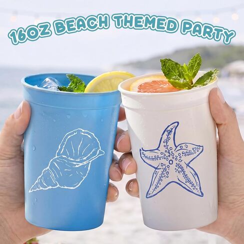 Hushee 24pcs Coastal Plastic Cup Bulk 16oz Ocean Theme Party Decoration Beach Starfish Seashell Sea Turtle Reusable Drinking Cup Gift for Under the Sea Summer Birthday Mermaid Baby Shower Party Supply in Kuwait