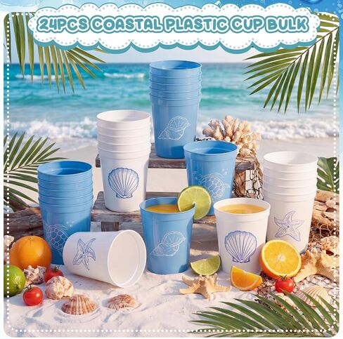 Hushee 24pcs Coastal Plastic Cup Bulk 16oz Ocean Theme Party Decoration Beach Starfish Seashell Sea Turtle Reusable Drinking Cup Gift for Under the Sea Summer Birthday Mermaid Baby Shower Party Supply in Kuwait