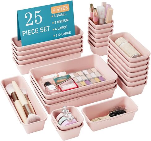 Kutesna 25 PCS Black Drawer Organizer Set, 4 Size Interlocking Plastic Storage Bins for Office Supplies, Jewelry Makeup Vanity, Bathroom Kitchen, Home Organization Closet, Gadgets Small Items in Kuwait