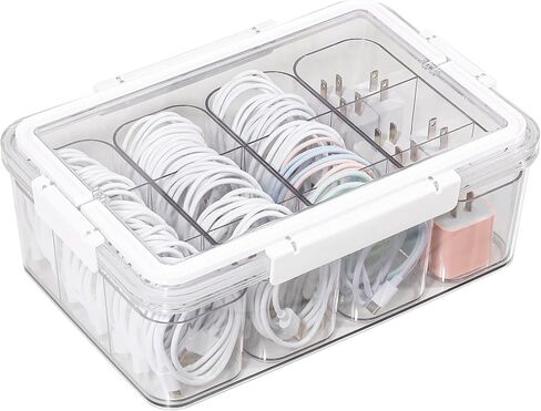 Large Cable Storage Box with Lid, Plastic Power Cords Organizer for Desk Drawer, Clear Home Office Container for Cell Phone Charger, Art Crafts and Stationery in Kuwait