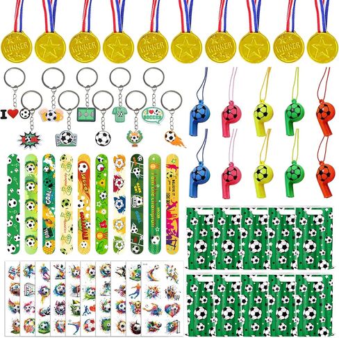 60PCS Soccer Party Favors, Soccer Goodie Bag Stuffers with 10 x 6.5 Inch Bags Keychain Medal Tattoo Sticker Slap Bracelets Whistles, for Kids Soccer Birthday Party Decorations Supplies Souvenirs in Kuwait