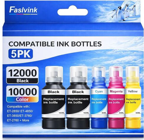 استبدال زجاجات إعادة تعبئة الحبر المتوافقة لحبر Epson 502 5 عبوات متوافقة مع طابعات EcoTank ET-2850 ET-3850 ET-4850 ET-2760 ET-2750 ET-3760 (2 أسود، سماوي، أرجواني، أصفر) in Kuwait