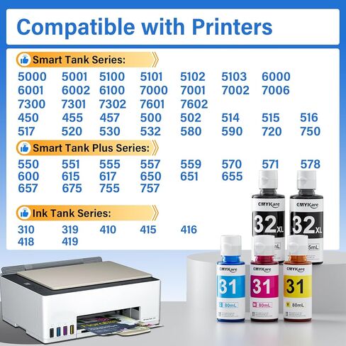 31 32XL Ink Bottle Set Compatibole for hp Smart Tank Ink Refill 7600 7300 7602 5101 5000 6000 7301 6001 651 7001 5100 5102 551 7000 7002 600 7620 5103 7302 7006 7300 570 557 559 Printer (2Bk C M Y) in Kuwait