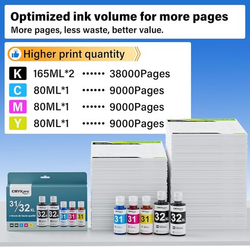 31 32XL Ink Bottle Set Compatibole for hp Smart Tank Ink Refill 7600 7300 7602 5101 5000 6000 7301 6001 651 7001 5100 5102 551 7000 7002 600 7620 5103 7302 7006 7300 570 557 559 Printer (2Bk C M Y) in Kuwait