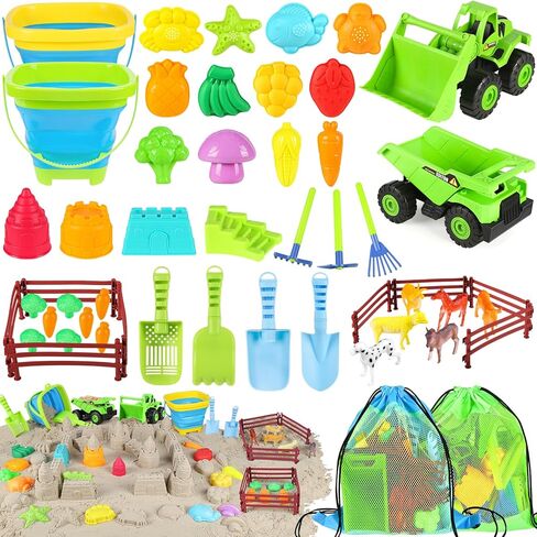 FHOZGECY Beach Sand Toys, 2 Trucks, 2 Collapsible Buckets, Sand Molds, Farm Animals, Upgrade Tools, Mesh Bag, Indoor Outdoor Play Set for Kids Ages 3-12, Multi‑Scene Play for Summer Travel Beach Games in Kuwait