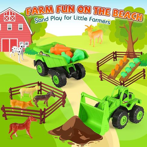 FHOZGECY Beach Sand Toys, 2 Trucks, 2 Collapsible Buckets, Sand Molds, Farm Animals, Upgrade Tools, Mesh Bag, Indoor Outdoor Play Set for Kids Ages 3-12, Multi‑Scene Play for Summer Travel Beach Games in Kuwait