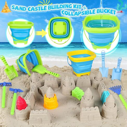 FHOZGECY Beach Sand Toys, 2 Trucks, 2 Collapsible Buckets, Sand Molds, Farm Animals, Upgrade Tools, Mesh Bag, Indoor Outdoor Play Set for Kids Ages 3-12, Multi‑Scene Play for Summer Travel Beach Games in Kuwait