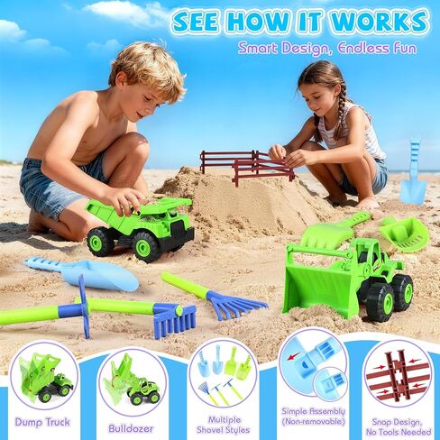 FHOZGECY Beach Sand Toys, 2 Trucks, 2 Collapsible Buckets, Sand Molds, Farm Animals, Upgrade Tools, Mesh Bag, Indoor Outdoor Play Set for Kids Ages 3-12, Multi‑Scene Play for Summer Travel Beach Games in Kuwait