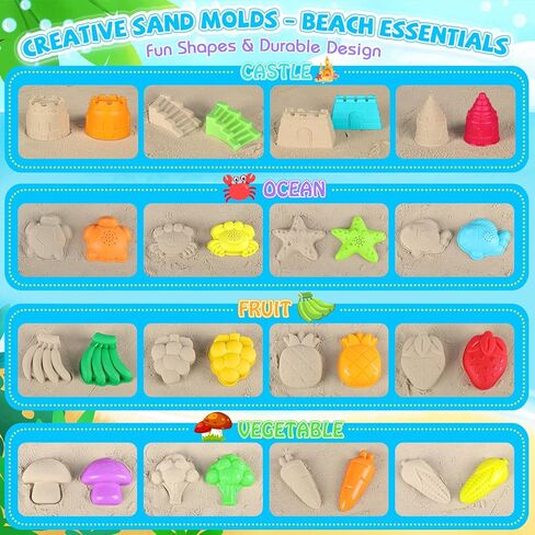 FHOZGECY Beach Sand Toys, 2 Trucks, 2 Collapsible Buckets, Sand Molds, Farm Animals, Upgrade Tools, Mesh Bag, Indoor Outdoor Play Set for Kids Ages 3-12, Multi‑Scene Play for Summer Travel Beach Games in Kuwait