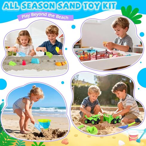FHOZGECY Beach Sand Toys, 2 Trucks, 2 Collapsible Buckets, Sand Molds, Farm Animals, Upgrade Tools, Mesh Bag, Indoor Outdoor Play Set for Kids Ages 3-12, Multi‑Scene Play for Summer Travel Beach Games in Kuwait