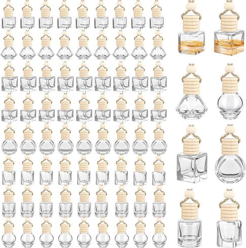 80 قطعة من زجاجات معطر هواء السيارة المعلقة مع غطاء خشبي، زجاجة عطر زجاجية فارغة، زجاجة عطر معطرة شفافة وحامل قلادة (8 أنماط) in Kuwait