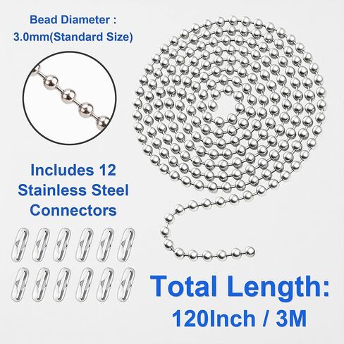 120-inch Extra Long Pull Chain Extension, Rust-Proof 3MM Stainless Steel Beaded Chain, Fan Pull Chain Light Pull Chain Replacement Kit, Includes 12 Connectors, Silver in Kuwait