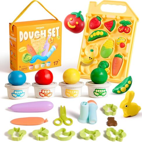 Jar Melo Wheat Modeling Dough Tool Set for Kids Ages 3+, 4 Colors Wheat Dough with 13 Farm Tools, Dough Tools Set with Cutters, Roller, Safety Scissors & Board, Preschool Arts & Crafts Gift in Kuwait
