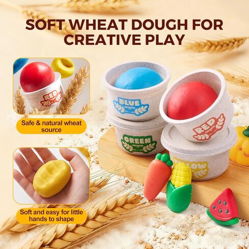 Jar Melo Wheat Modeling Dough Tool Set for Kids Ages 3+, 4 Colors Wheat Dough with 13 Farm Tools, Dough Tools Set with Cutters, Roller, Safety Scissors & Board, Preschool Arts & Crafts Gift in Kuwait