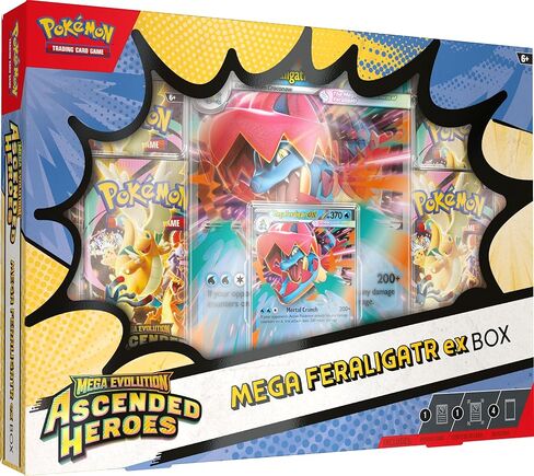 Pokémon TCG: Mega Evolution — Ascend Heroes Mega Feraligatr ex Box (1 بطاقة ترويجية من رقائق معدنية، و1 بطاقة عدسية كبيرة الحجم و4 حزم معززة) in Kuwait