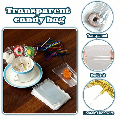 RyanDesign Clear Cellophane Treat Bags with Twist Ties, 3x4 Inches, Food Grade OPP Plastic Bags for Candy, Cake Pops, Cookies, Party Favors, 400 Pack in Kuwait