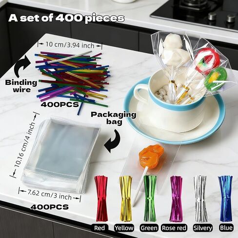 RyanDesign Clear Cellophane Treat Bags with Twist Ties, 3x4 Inches, Food Grade OPP Plastic Bags for Candy, Cake Pops, Cookies, Party Favors, 400 Pack in Kuwait