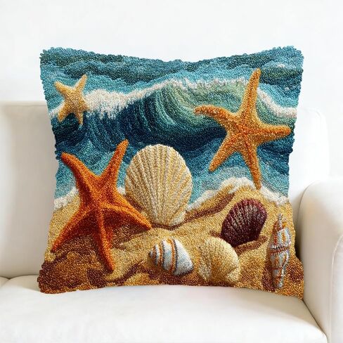 DIY Latch Hook Pillow Kit Starfish and Sea Shells on Beach Easy for Beginners Stamped Cushion 43x43cm Home Decor Craft-5 in Kuwait