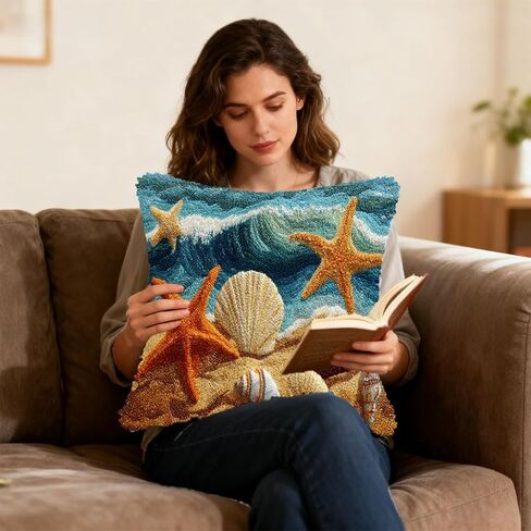 DIY Latch Hook Pillow Kit Starfish and Sea Shells on Beach Easy for Beginners Stamped Cushion 43x43cm Home Decor Craft-5 in Kuwait