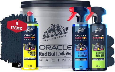 مجموعة أدوات تنظيف السيارة من Armor All Podium Series Elite مكونة من 9 قطع - مجموعة تنظيف السيارة مع دلو وغسيل السيارة وبخاخات التفاصيل وقفاز الغسيل ومناشف الألياف الدقيقة وهدية السيارة، تم تطويرها بالتعاون مع Oracle Red Bull Racing in Kuwait