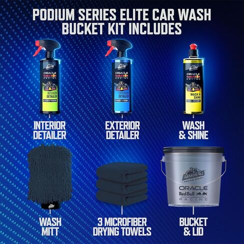 مجموعة أدوات تنظيف السيارة من Armor All Podium Series Elite مكونة من 9 قطع - مجموعة تنظيف السيارة مع دلو وغسيل السيارة وبخاخات التفاصيل وقفاز الغسيل ومناشف الألياف الدقيقة وهدية السيارة، تم تطويرها بالتعاون مع Oracle Red Bull Racing in Kuwait