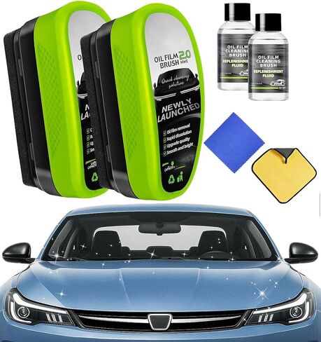 Windshield Cleaner – 2-Pack Car Glass Oil Film Cleaning Kit with Scrubber Pads, Microfiber Towels & Cleaning Liquid for Clear, Streak-Free Driving in Kuwait