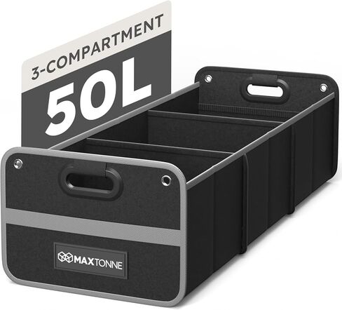 50L Car Trunk Organizer, Heavy-Duty 600D Oxford Collapsible Storage Box with 3-Compartments & Securing Straps, Foldable Organizer for SUV/Sedan/Truck, Car Accessories Storage in Kuwait