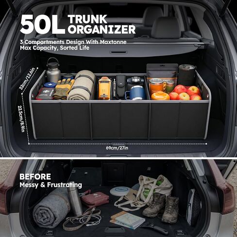 50L Car Trunk Organizer, Heavy-Duty 600D Oxford Collapsible Storage Box with 3-Compartments & Securing Straps, Foldable Organizer for SUV/Sedan/Truck, Car Accessories Storage in Kuwait