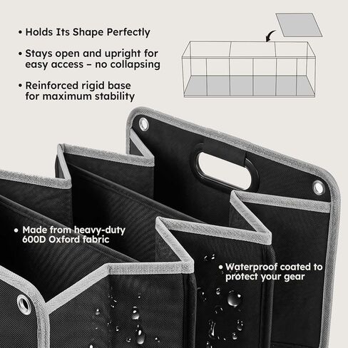 50L Car Trunk Organizer, Heavy-Duty 600D Oxford Collapsible Storage Box with 3-Compartments & Securing Straps, Foldable Organizer for SUV/Sedan/Truck, Car Accessories Storage in Kuwait