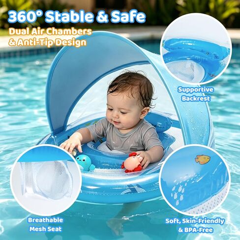 حمام سباحة للأطفال من AirSwim مع مظلة، عوامة حمام سباحة للرضع قابلة للنفخ مع حماية من أشعة الشمس 50+ مظلة قابلة للإزالة وألعاب حيوانات، عوامات للأطفال الصغار مع مقعد أمان للأطفال من سن 6 إلى 36 شهرًا للأولاد والبنات، أزرق in Kuwait