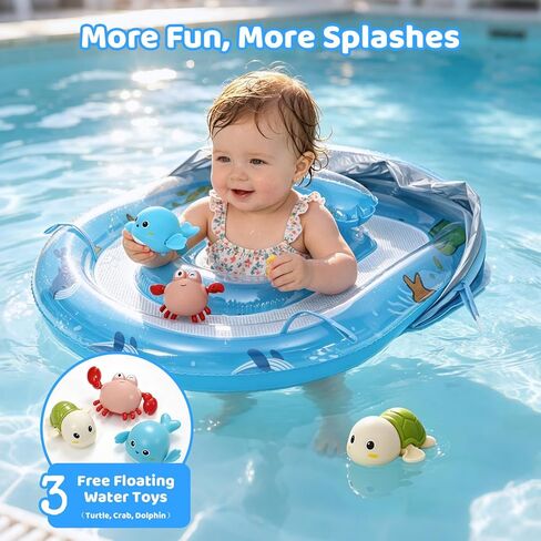 حمام سباحة للأطفال من AirSwim مع مظلة، عوامة حمام سباحة للرضع قابلة للنفخ مع حماية من أشعة الشمس 50+ مظلة قابلة للإزالة وألعاب حيوانات، عوامات للأطفال الصغار مع مقعد أمان للأطفال من سن 6 إلى 36 شهرًا للأولاد والبنات، أزرق in Kuwait