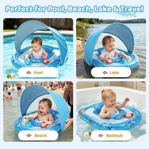 حمام سباحة للأطفال من AirSwim مع مظلة، عوامة حمام سباحة للرضع قابلة للنفخ مع حماية من أشعة الشمس 50+ مظلة قابلة للإزالة وألعاب حيوانات، عوامات للأطفال الصغار مع مقعد أمان للأطفال من سن 6 إلى 36 شهرًا للأولاد والبنات، أزرق in Kuwait