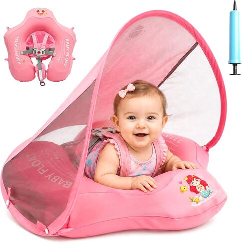 Baby Pool Float with Canopy for Age 6-36 Months UPF50+, Soft Fabric-Covered Inflatable Baby Swim Float with Anti-Tip Safety Seat, Infant Swimming Float Toddler Floaties UV Protection for Boys Girls in Kuwait